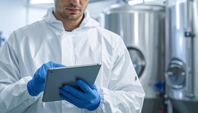 Scientist in clean suit uses tablet for quality assurance in pharmaceutical factory ensuring safety and precision, boosting trust in healthcare products - Powered by Adobe