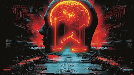 Self supervised learning. Neural network AI model training. Unsupervised data algorithm. Deep learning NLP. A digital art piece depicting a brain within a human silhouette. - Powered by Adobe