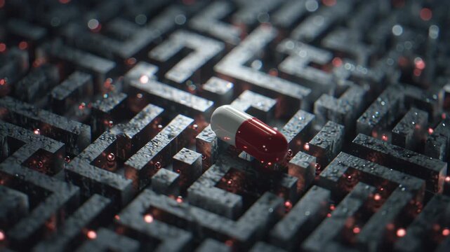 Macro shot drug payload vector navigating complex micro biology maze visual metaphor, soft scientific DOF, targeted drug delivery