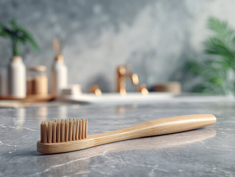 Eco-friendly wooden toothbrush on marble countertop in modern, elegant bathroom setting