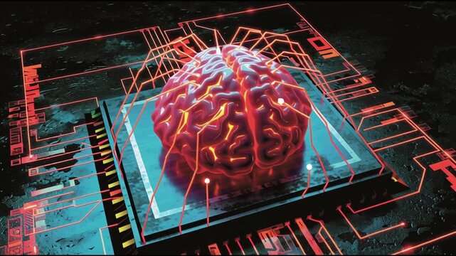 Self supervised learning. Neural network AI model training. Unsupervised data algorithm. Deep learning NLP. A stylized brain on a circuit board with glowing connections.