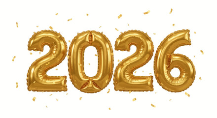 A festive illustration of the year 2026 made from realistic golden foil balloons, complete with sparkling confetti for a New Year's party celebration