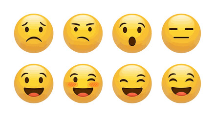 Fototapeta premium Collection of eight diverse digital emojis showcasing various expressions and emotions, ideal for communication and digital interfaces