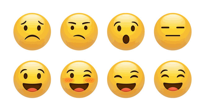 Collection of eight diverse digital emojis showcasing various expressions and emotions, ideal for communication and digital interfaces
