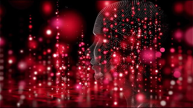 Self supervised learning. Neural network AI model training. Unsupervised data algorithm. Deep learning NLP. A digital art representation of a face filled with glowing particles.