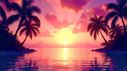 Fototapeta premium A beautiful sunset over the ocean with two palm trees in the foreground