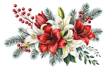Elegant festive floral arrangement with vibrant red amaryllis and white lilies, accented by pine needles and berries, perfect for holiday design projects.