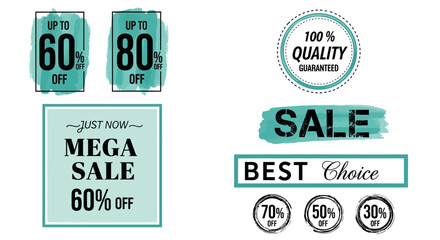Vibrant collection of promotional sale and discount badges featuring a modern watercolor brushstroke design, perfect for digital marketing and e-commerce campaigns