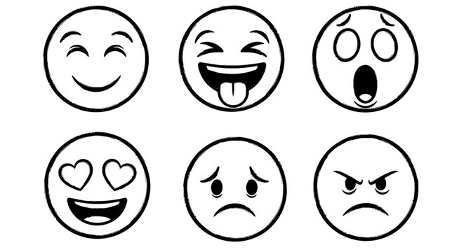 Collection of Six Different Expressive Emoji Faces, Showing Various Emotions and Reactions in a Simple Line Art Style