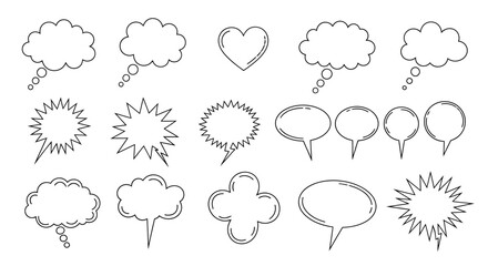 Hand-drawn vector speech bubbles, thought clouds, and comic bursts. Diverse graphic elements for digital design, social media, and expressive visual media
