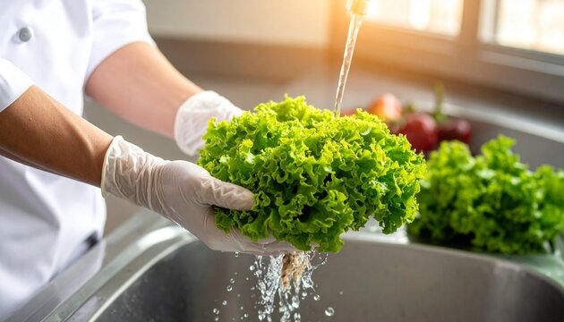 Chef prepping fresh lettuce under running water for a healthy salad in a bright kitchen, promoting wellness and delicious food preparation techniques