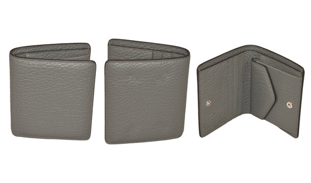 Set of Men's gray leather bifold wallet, Fashion purse handbag transparent background with clipping path, wallet from Stingray blank Skin, mockup your design all side view.