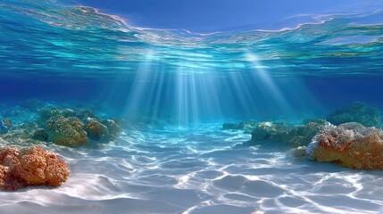 Underwater Scene With Sun Rays Penetrating Blue Water Above Sandy Seabed With Coral Reefs And Sparkling Light Reflections