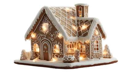 Illuminated Gingerbread House, isolated on transparent background