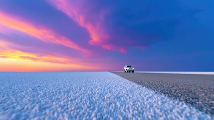 Wide Angle View of a Solitary White SUV Driving on an Empty Coastal Road During a Vibrant Sunset with Dramatic Orange and Pink Clouds Above a Deep Blue Sky