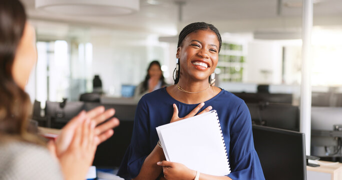 Applause, praise or business woman with document for promotion, success or thank you. Paper, celebration or clap for worker recognition with smile, achievement pride or appreciation with office team