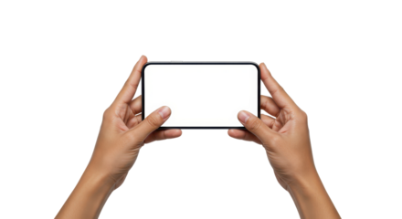 Modern Handheld Technology: A close-up shot displays two hands holding a sleek, modern device with a blank screen, perfect for showcasing your content or application.