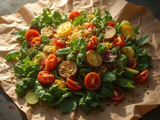 Colorful Salad Display Scattered on Crinkled Craft Paper: Vibrant salad mix scattered across wrinkled brown craft paper, fresh vegetables and herbs, natural sunlight, organic farm-to-table style.