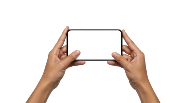 Modern Handheld Technology: A close-up shot displays two hands holding a sleek, modern device with a blank screen, perfect for showcasing your content or application.