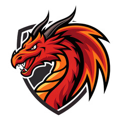Fire Dragon Mascot Logo Vector, Flat Esport Emblem Design with Solid Crimson and Orange Fills and Thick Black Outline, Transparent Background

