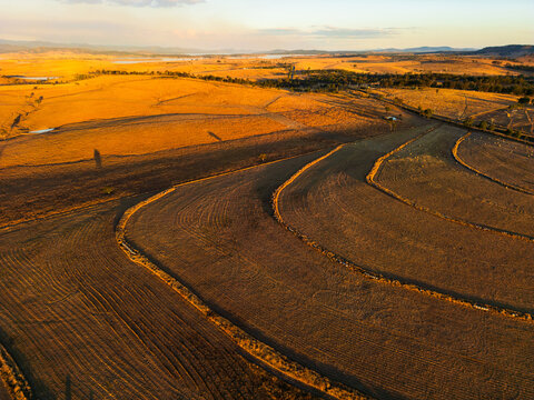 Patterns on the ground after machines have cut grass in a paddock