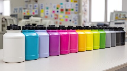 Colorful jars of paint arranged in a row showcasing vibrant hues for art and design creativity in a bright artistic studio
