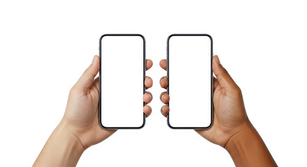 Hands Holding Smartphones: A pair of hands, of different skin tones, each grasp a sleek smartphone with blank screens, representing a connection and modern communication.