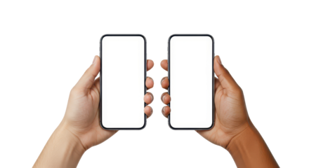 Hands Holding Smartphones: A pair of hands, of different skin tones, each grasp a sleek smartphone with blank screens, representing a connection and modern communication.