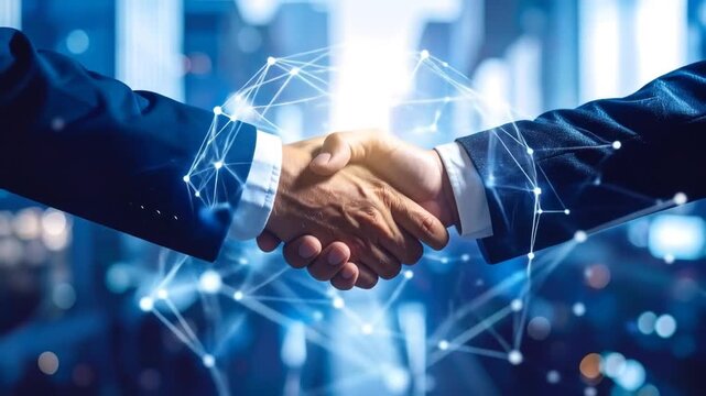 Business handshake with network background.