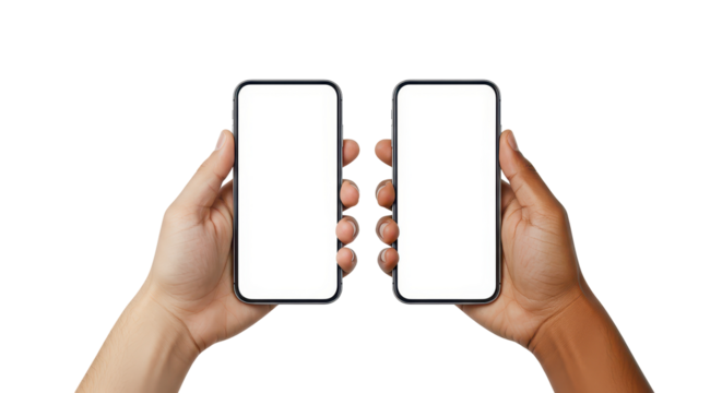 Hands Holding Smartphones: A pair of hands, of different skin tones, each grasp a sleek smartphone with blank screens, representing a connection and modern communication.