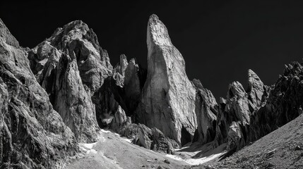 Majestic Monochrome Mountain Peaks with Dramatic Rock Formations in Rugged Landscape