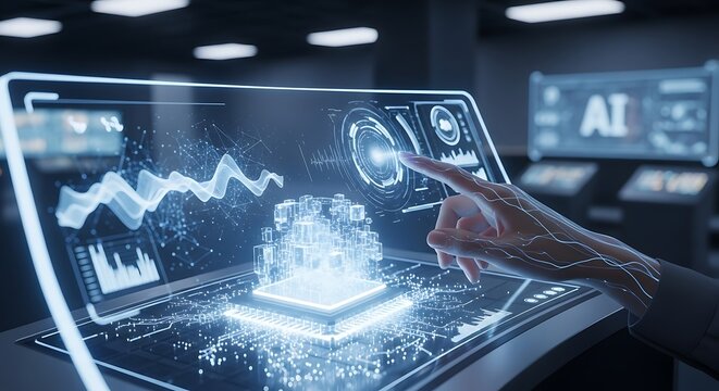Futuristic AI Interface - Hand Interacting with Holographic Technology.