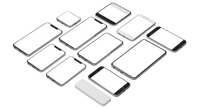 Smart Device Cluster: An organized arrangement of various smart device screens create a digital landscape, perfect for tech-related projects and concepts.