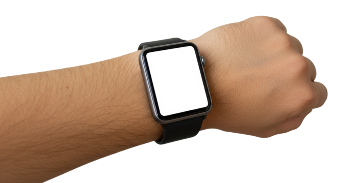 Smartwatch on Wrist: Close-up of a wrist adorned with a modern smartwatch, the device's blank screen offering a window to limitless possibilities, the watch sleek design - Powered by Adobe