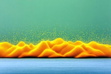 An abstract, textured landscape featuring rolling orange dunes with a scattering of small yellow particles above, set against a teal background.