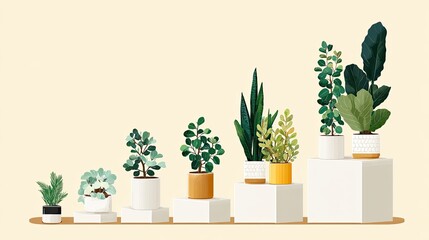 Fototapeta premium Aesthetic Display of Various Indoor Plants in Modern Pots on Minimalist Pedestals Against a Soft Neutral Background