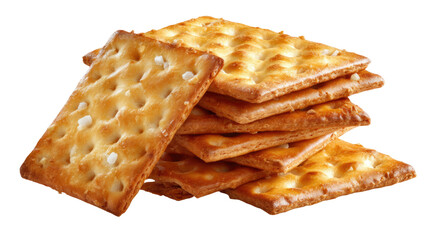 Stack of crispy golden salted crackers square shape baked snack biscuits with crunchy texture and savory flavor isolated on white background
