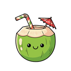 Cute Coconut Drink Icon — Tropical Summer Refreshment Cartoon Vector