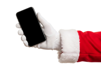 Santa claus hand holding a black smartphone isolated on transparent background