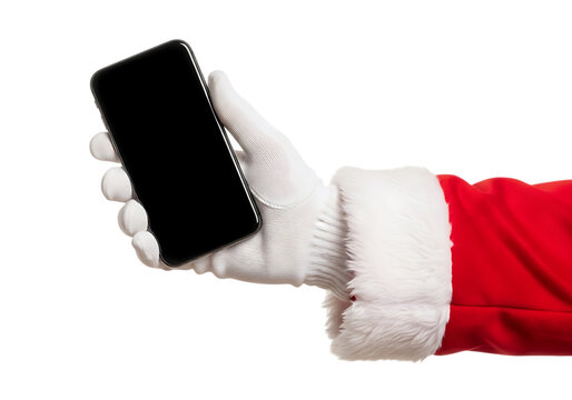 Santa claus hand holding a black smartphone isolated on transparent background