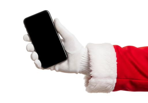 Santa claus hand holding a black smartphone isolated on transparent background - Powered by Adobe
