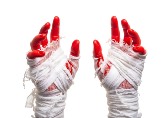 Two bandaged hands with red nails and blood isolated on transparent background