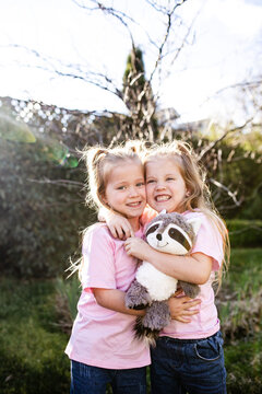 Young twin sisters hugging each other while holding raccoon stuffed toy