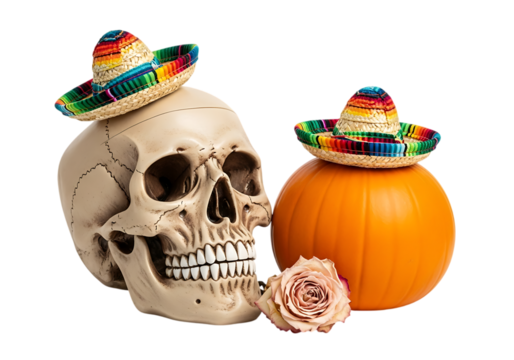 Skull and pumpkin with colorful sombreros rose on transparent background