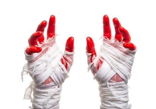 Two bandaged hands with red nails and blood isolated on transparent background