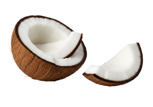 A split coconut with a piece broken off on transparent background