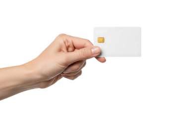 Hand holding a blank white smart card with a chip on transparent background