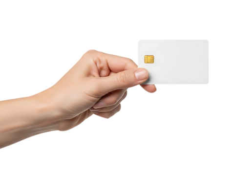 Hand holding a blank white smart card with a chip on transparent background