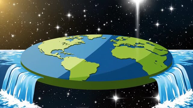 Flat Earth theory illustration showing a disc-shaped planet with continents and oceans cascading into a starry outer space, concept of an alternative cosmology.