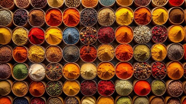 Vibrant colorful piles of spices in bowls, extreme top-down close-up. Cooking, flavor, culinary ingredients, and rich food texture background.